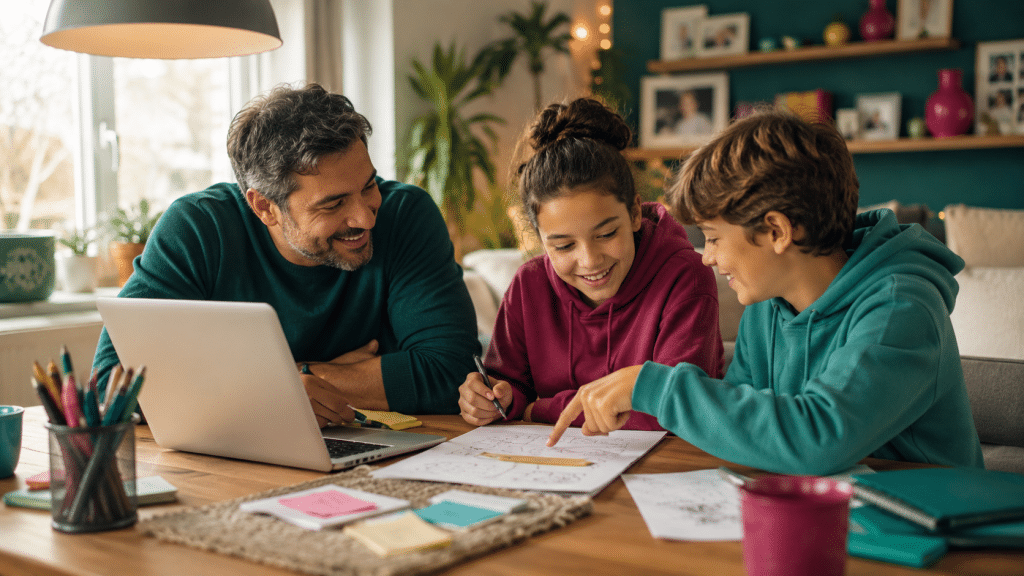 Familie beim Planen einer App. Mit Hilfe von KI erstellt.