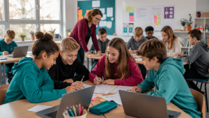 Schulklasse beim Planen eigener Apps. Mit Hilfe von KI erstellt.