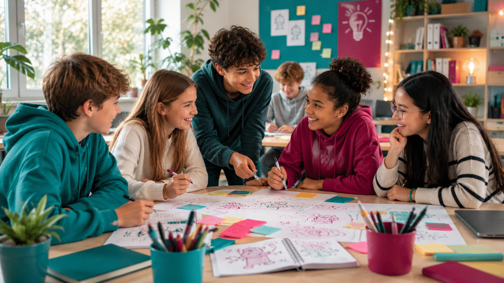 Kids beim Planen eines Spiels. Mit Hilfe von KI erstellt.