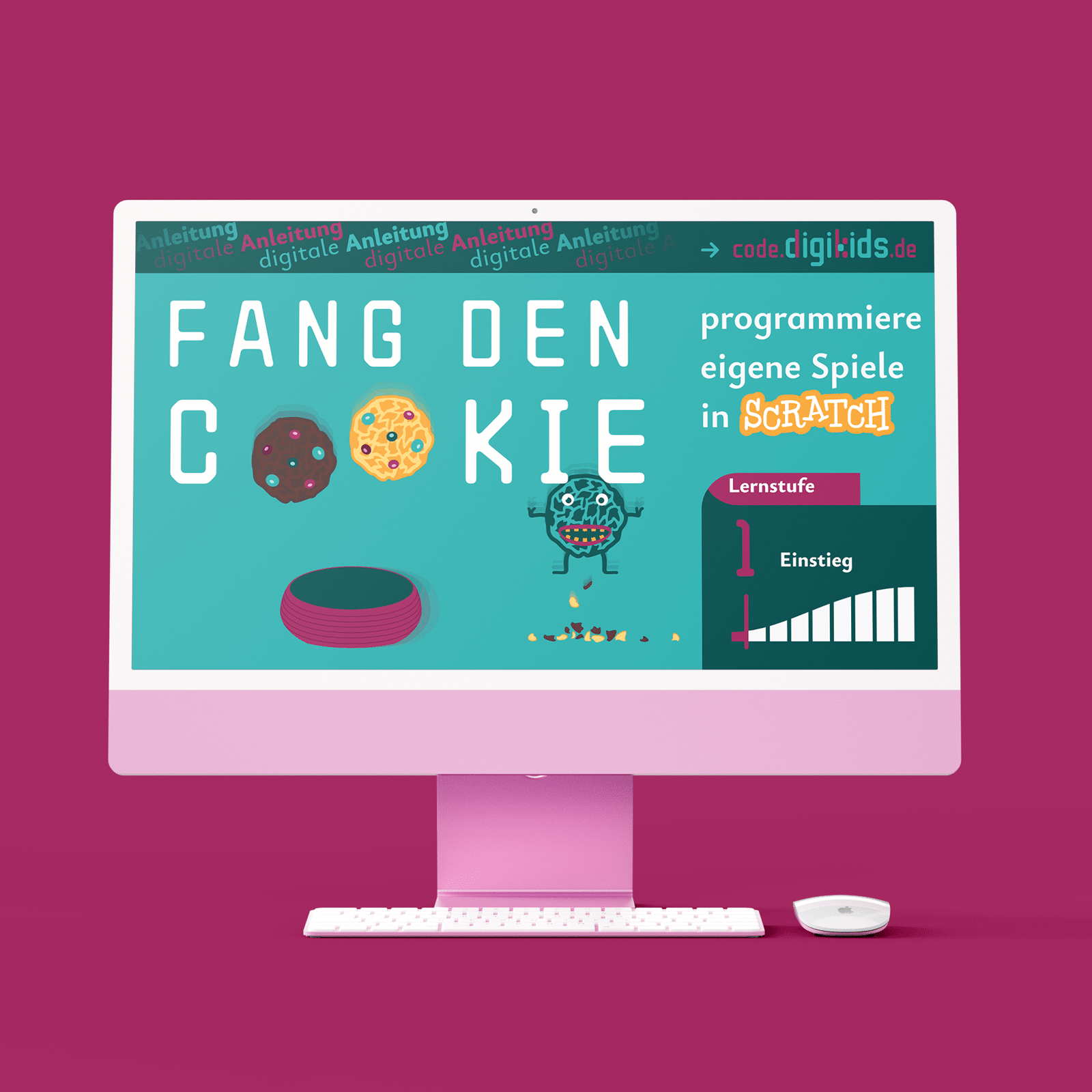 Produktbild 1 zeigt Monitor mit Titelbild "Fang den Cookie" und programmiere eigene Spiele in Scratch unter code.digikids.de
