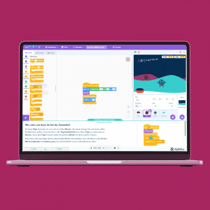 Produktbild 5 zeigt Laptop mit Anleitungs-Ausschnitt zum Programmieren des Gegners in "Fang den Cookie"