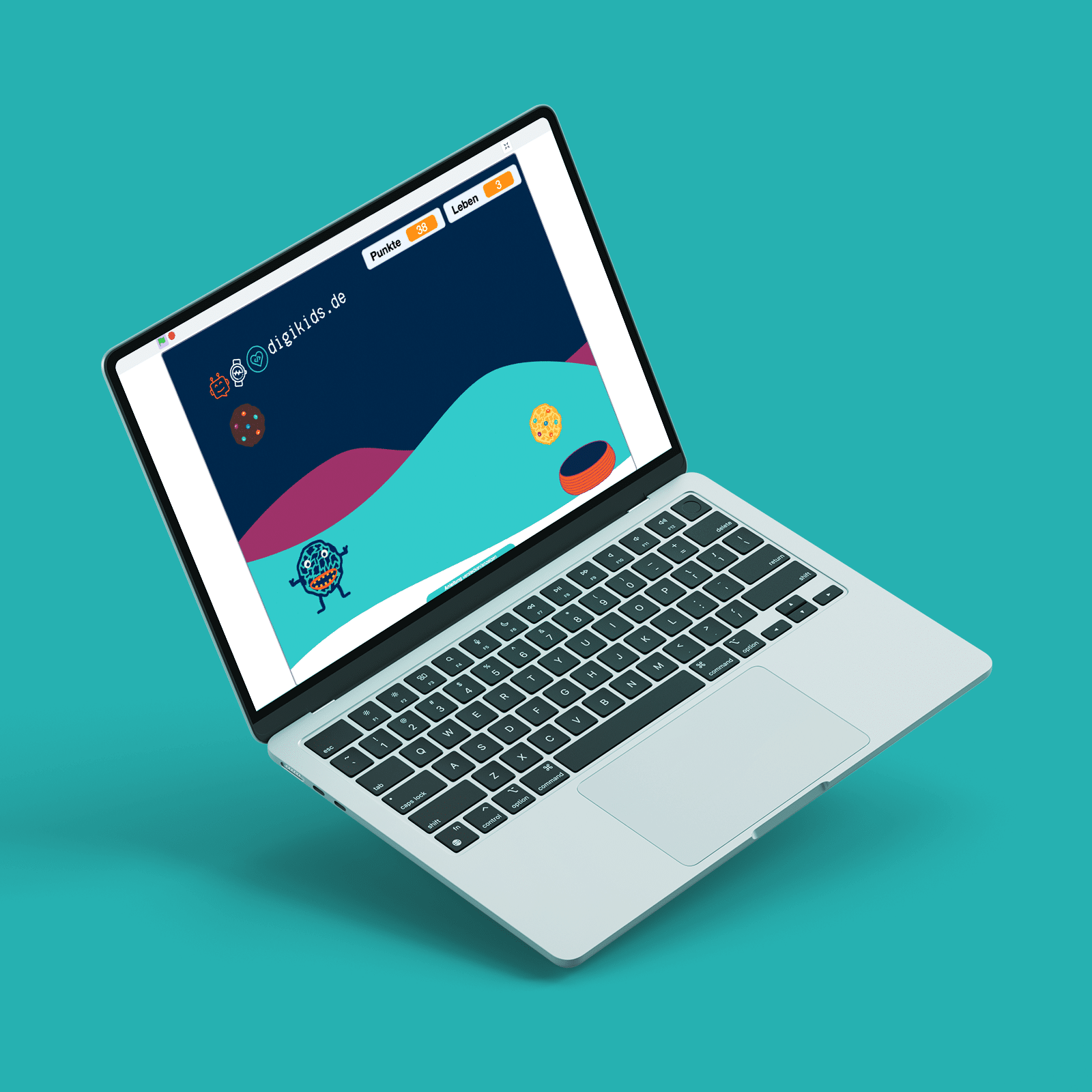 Produktbild 6 zeigt Laptop mit Beispiel-Ansicht des fertigen Spiels "Fang den Cookie"