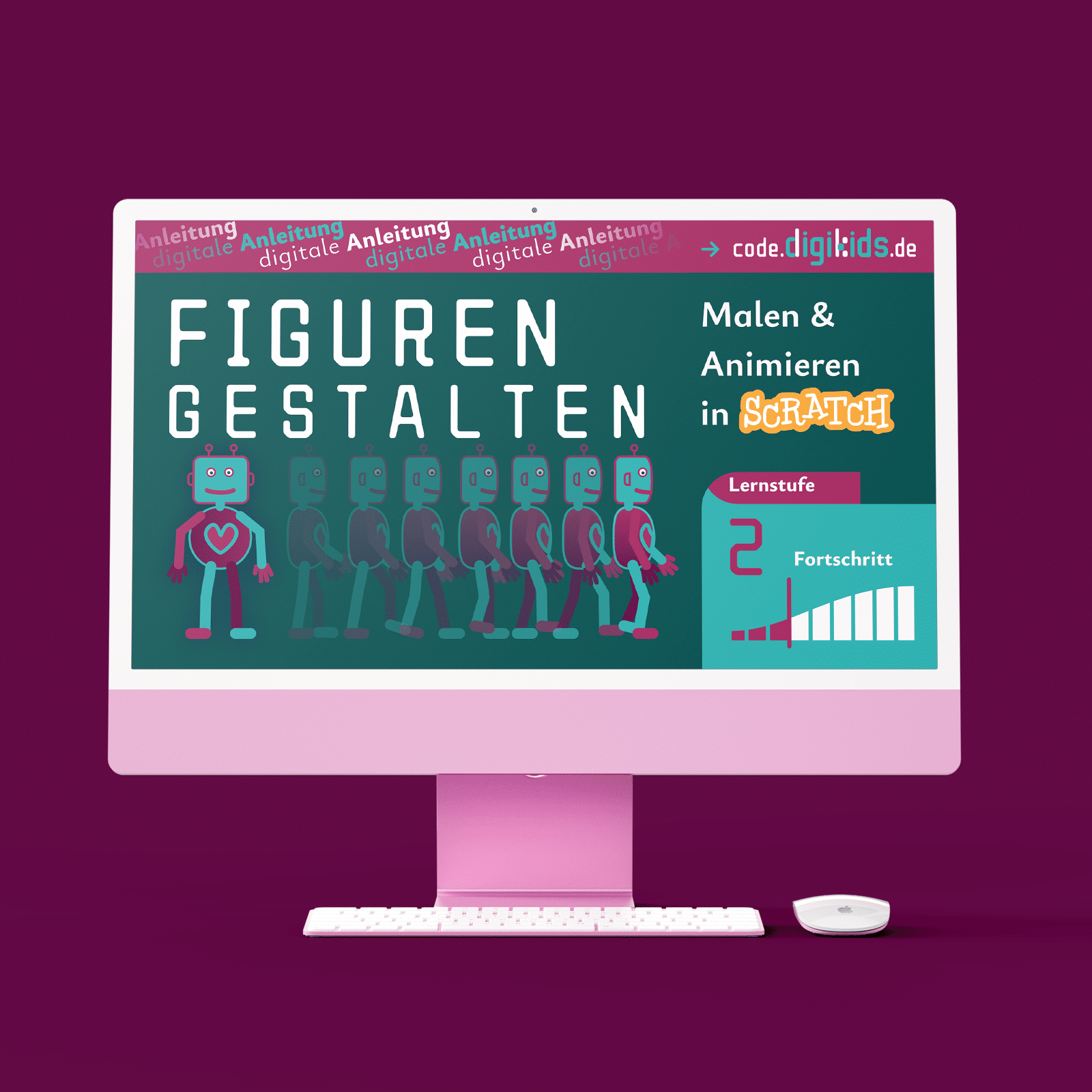 Produktbild 1 zeigt Monitor mit Titelbild "Figuren gestalten und animieren" und Malen und Animieren in Scratch unter code.digikids.de