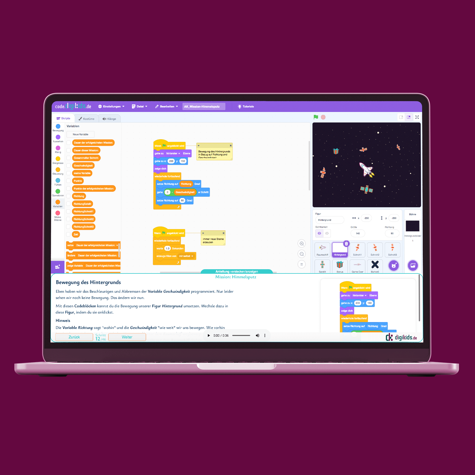 Produktbild 6 zeigt Laptop mit Beispiel-Ansicht der Programmierung der Bewegung des Hintergrundes in "Mission: Himmelsputz"