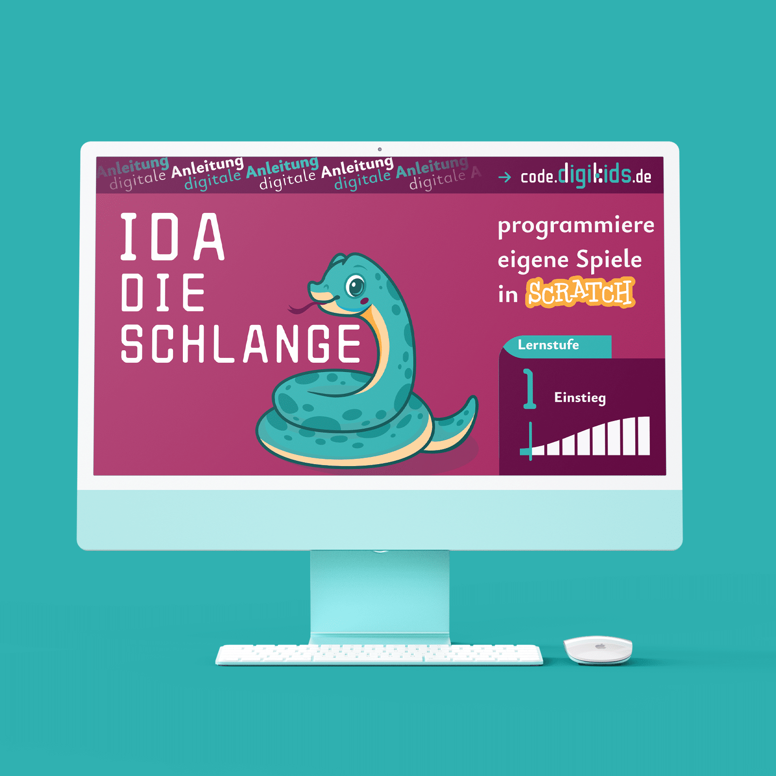 Produktbild 1 zeigt Monitor mit Titelbild "Ida die Schlange" und programmiere eigene Spiele in Scratch unter code.digikids.de