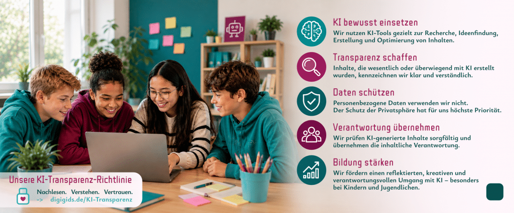 digikids Unsere KI-Transparenz-Richtlinie Nachlesen. Verstehen. Vertrauen. KI bewusst einsetzen Wir nutzen KI-Tools gezielt zur Recherche, Ideenfindung, Erstellung und Optimierung von Inhalten. Transparenz schaffen Inhalte, die wesentlich oder überwiegend mit KI erstellt wurden, kennzeichnen wir klar und verständlich. Daten schützen Personenbezogene Daten verwenden wir nicht. Der Schutz der Privatsphäre hat für uns höchste Priorität. Verantwortung übernehmen Wir prüfen KI-generierte Inhalte sorgfältig und übernehmen die inhaltliche Verantwortung. Bildung stärken Wir fördern einen reflektierten, kreativen und verantwortungsvollen Umgang mit KI – besonders bei Kindern und Jugendlichen.