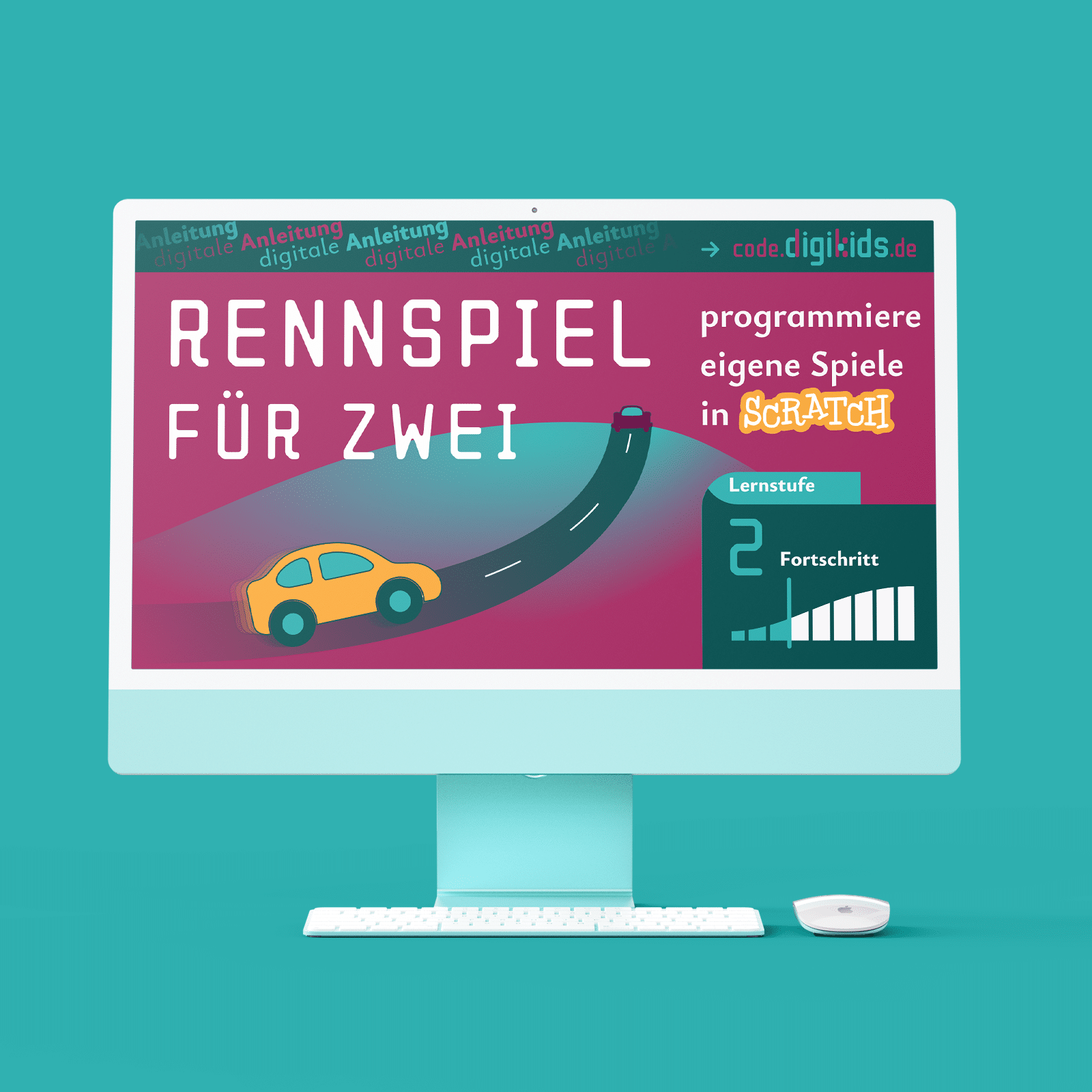 Produktbild 1 zeigt Monitor mit Titelbild "Rennspiel für zwei" und programmiere eigene Spiele in Scratch unter code.digikids.de