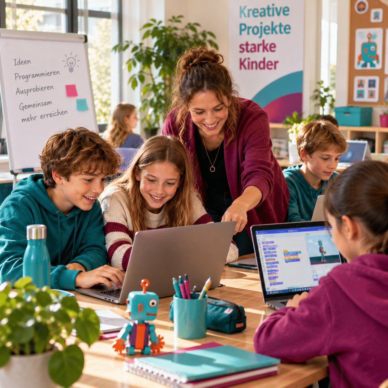 Kinder arbeiten in einem Programmierworkshop an mehreren Laptops, begleitet von einer pädagogischen Fachkraft. KI-generiertes Bild.