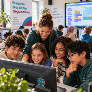 Kulturell vielfältige Schüler:innen programmieren gemeinsam an einem Desktop-PC, während eine Lehrkraft die Gruppe begleitet. Erstellt mit Hilfe von KI