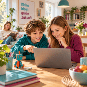 Kinder am Computer mit KI und Roboter als Produktbild Jahreslizenz für Familien