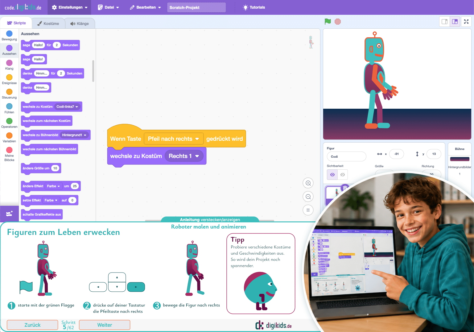 Kind arbeitet mit einer digikids Scratch-Anleitung und programmiert eine Roboterfigur Schritt für Schritt. KI-generiertes Bild