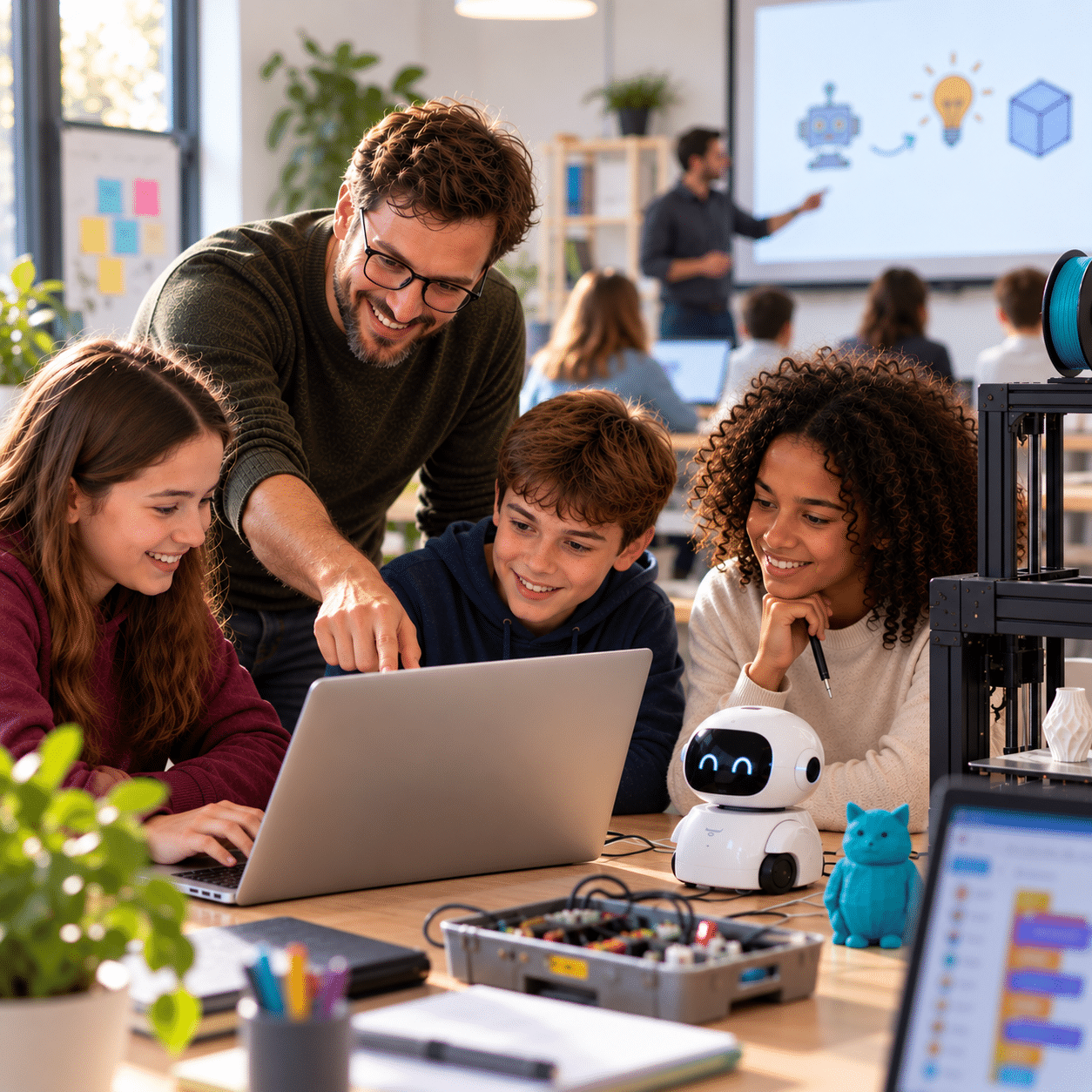 Kinder entwickeln gemeinsam mit einem Kursleiter digitale Projekte zu Programmierung, KI und 3D-Druck, während im Hintergrund ein Vortrag stattfindet. Bild mit KI erstellt