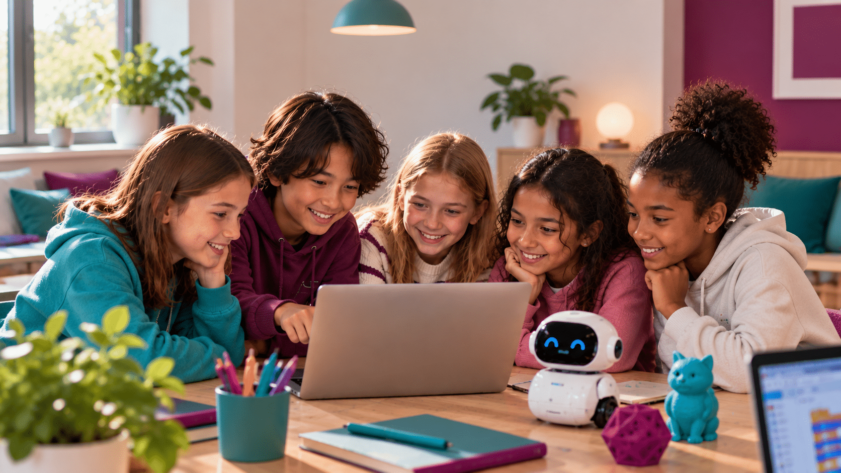 Fünf Kinder entwickeln gemeinsam am Computer digitale Ideen mit Programmierung, Robotik und 3D-Druck. Mit KI erstellt