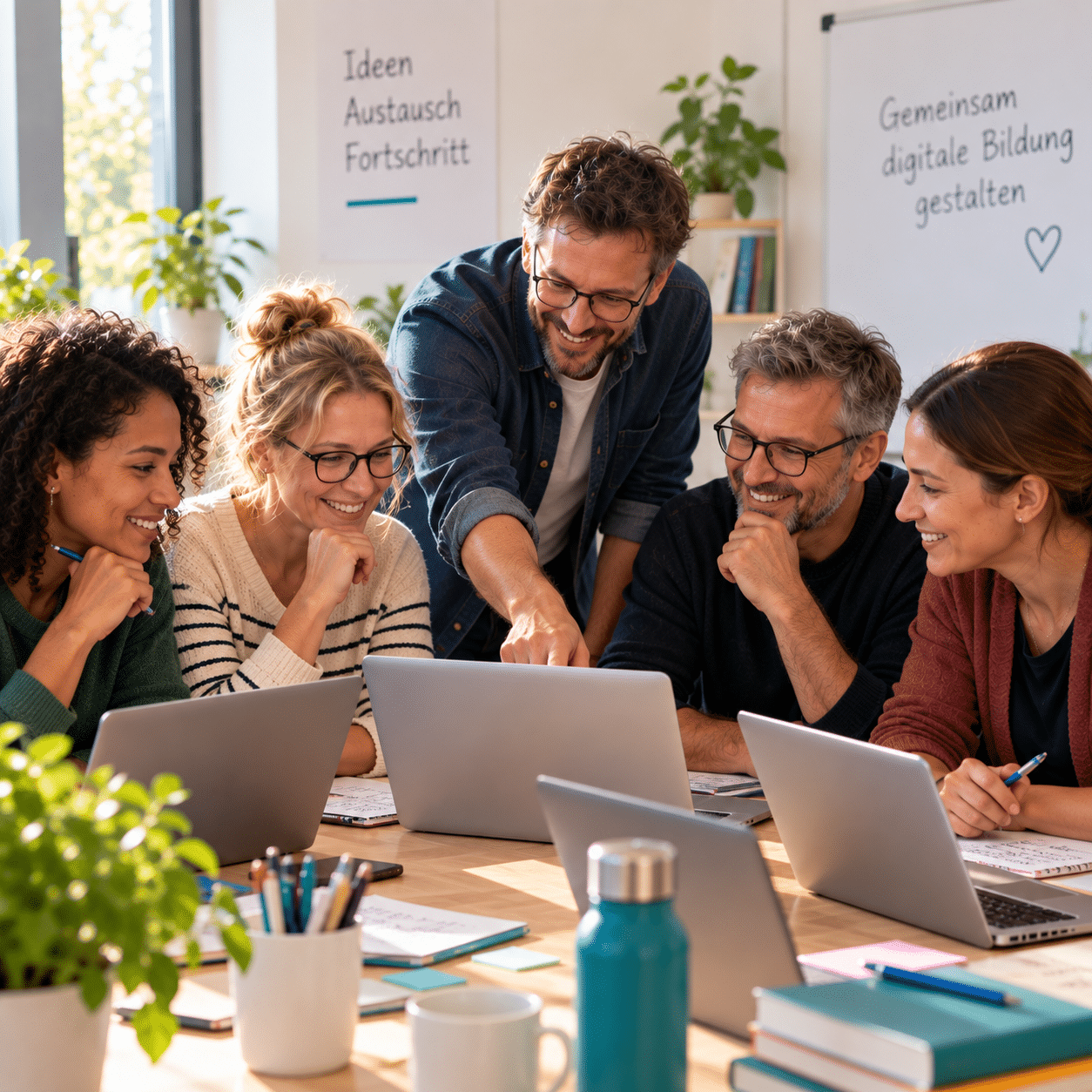 Lehrkräfte arbeiten gemeinsam an mehreren Laptops in einem praxisnahen Einführungsworkshop für digitalen Unterricht. Mit KI erstellt