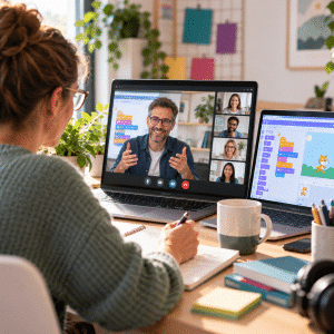 Lehrkraft nimmt online an einem Einf&uuml;hrungsworkshop teil und arbeitet parallel an einem Programmierprojekt. Mit KI erstellt