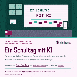Animiertes Bild, das eine Vorschau zum Spiel 'Ein Schultag mit Künstlicher Intelligenz' zeigt.